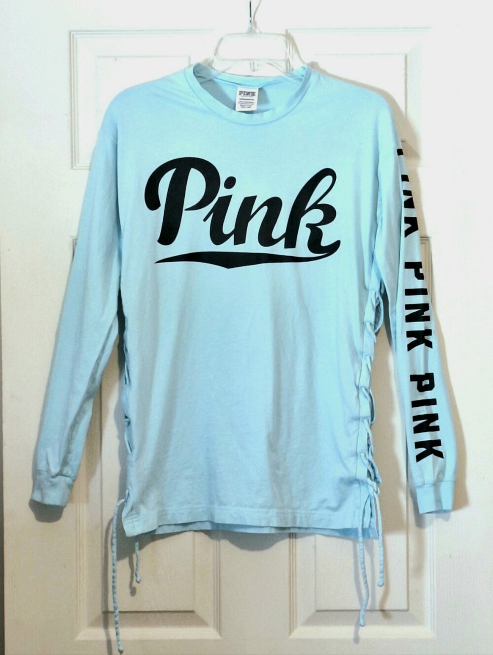 PINK by Victoria's Secret light blue shirt, lace-up sides, black lettering, XS